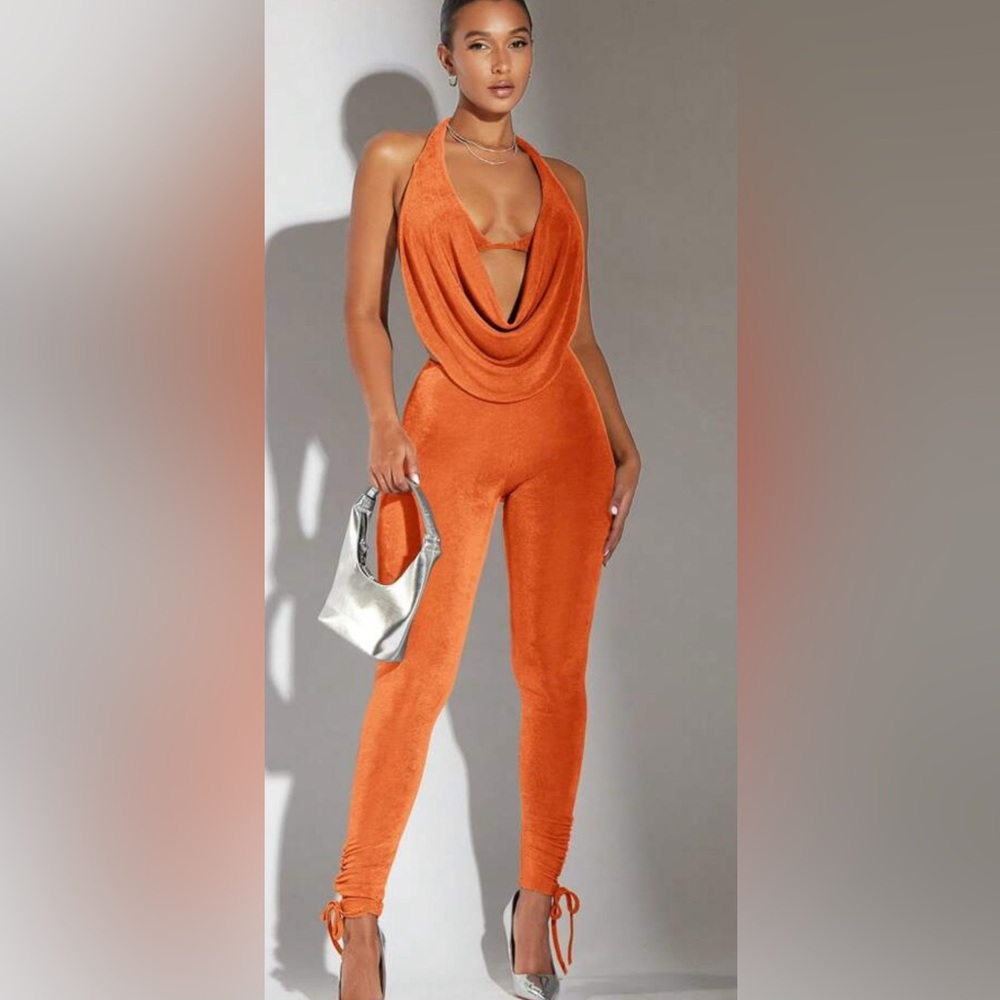 Fashion Nova Vibrant Orange Halter Jumpsuit